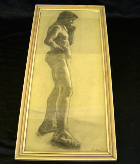American School Mid 20th Century Partially Nude Standing Male charcoal