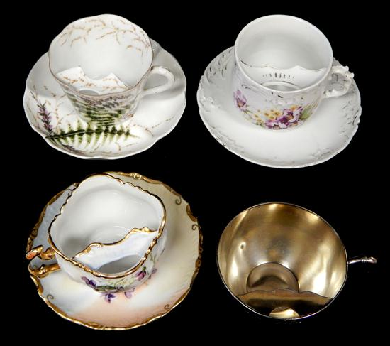 Four 19th C mustache cups and saucers seven pieces total