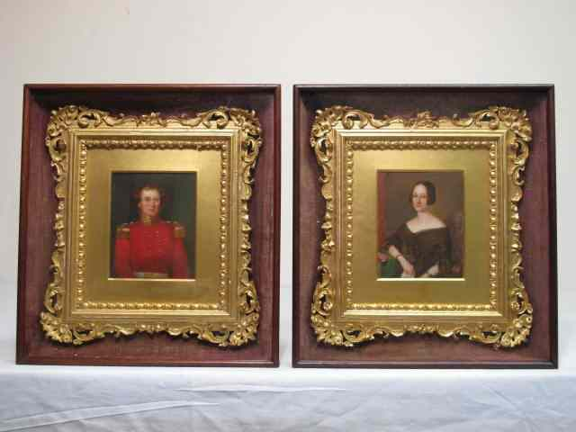 Pair miniature painted portraits one military Original portraits and gilt