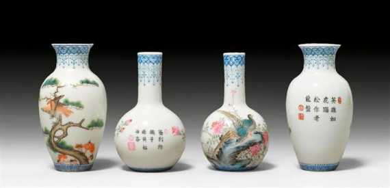 TWO PAIR OF EXCELLENT FAMILLE ROSE MINIATURE VASES WITH BIRD