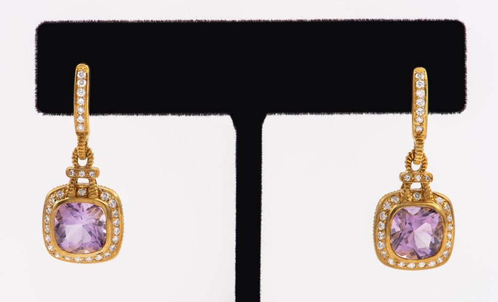 18K JUDITH RIPKA DIAMOND AMETHYST EARRINGS Judith Ripka 18K yellow