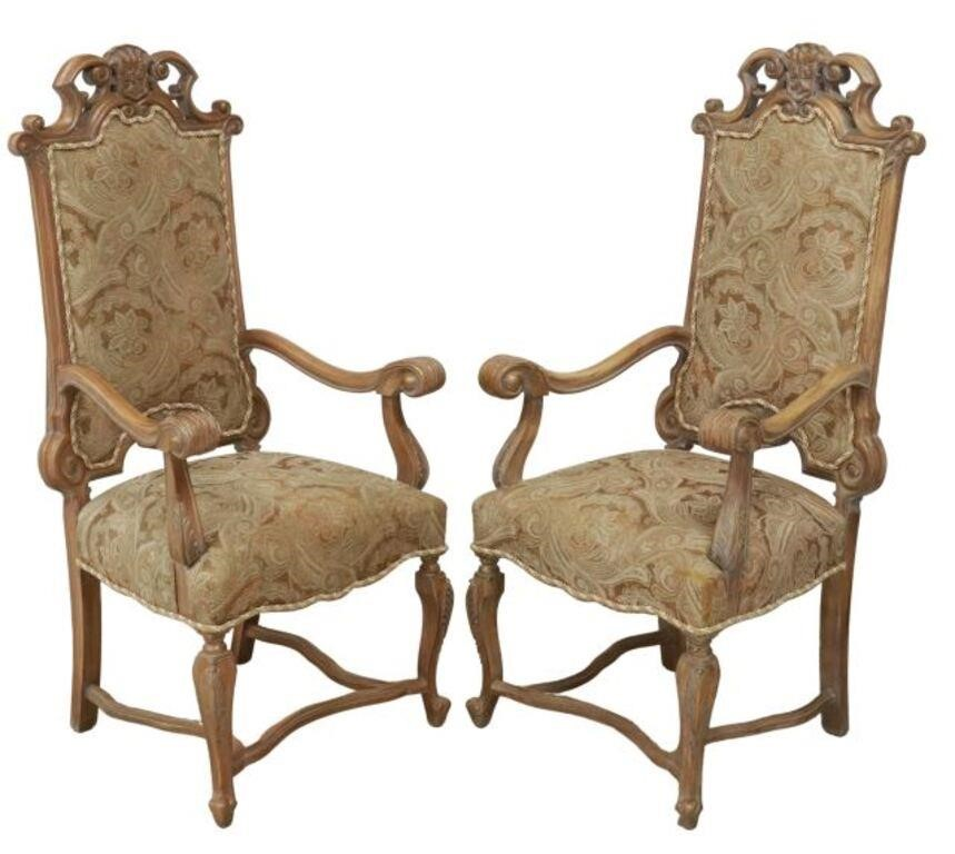 pair Louis XV style walnut highback armchairs 20th c having