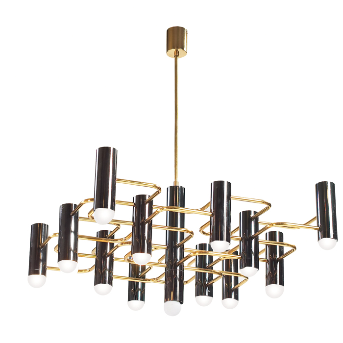Belgian light fixture geometric brass structure supports twelve lights with