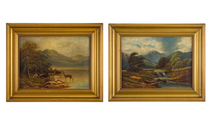 Pair of Oils on Canvas Highland scenes Stag and deer