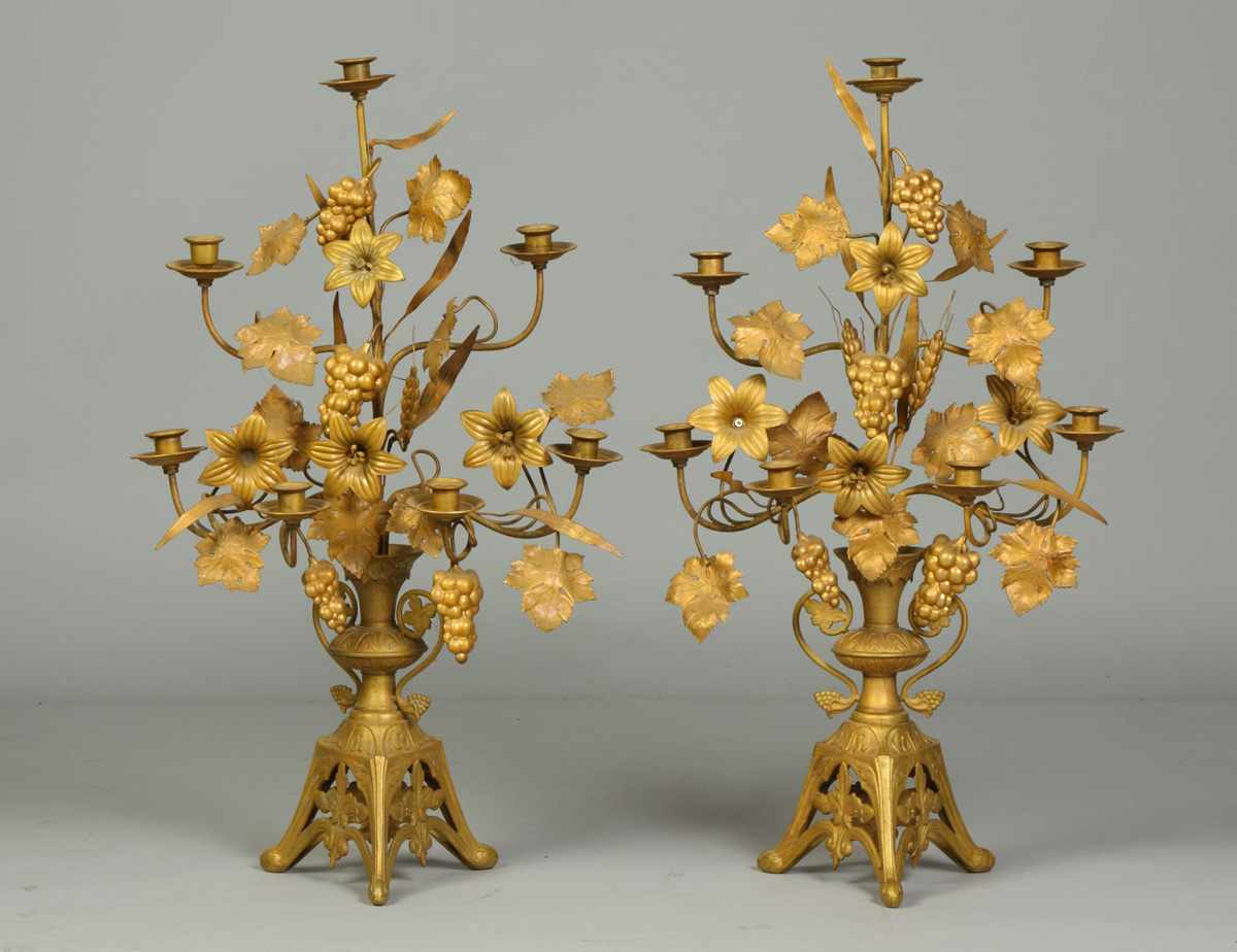 Pair of Victorian Gilt Brass Candelabras W Grapes leaves wheat