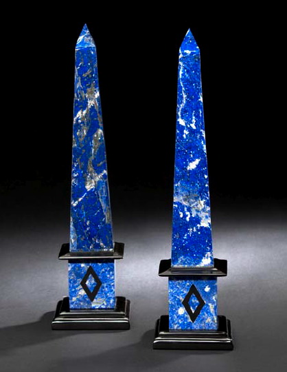 Dramatic Pair of Polished Black Slate Mounted and Inlaid Lapis