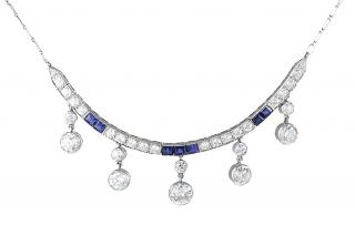 An Art Deco Sapphire and Diamond Necklace Suspending five pairs