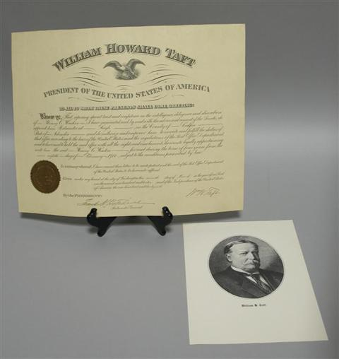 WILLIAM HOWARD TAFT SIGNED PRESIDENTIAL DOCUMENT Presidential appointment document partially