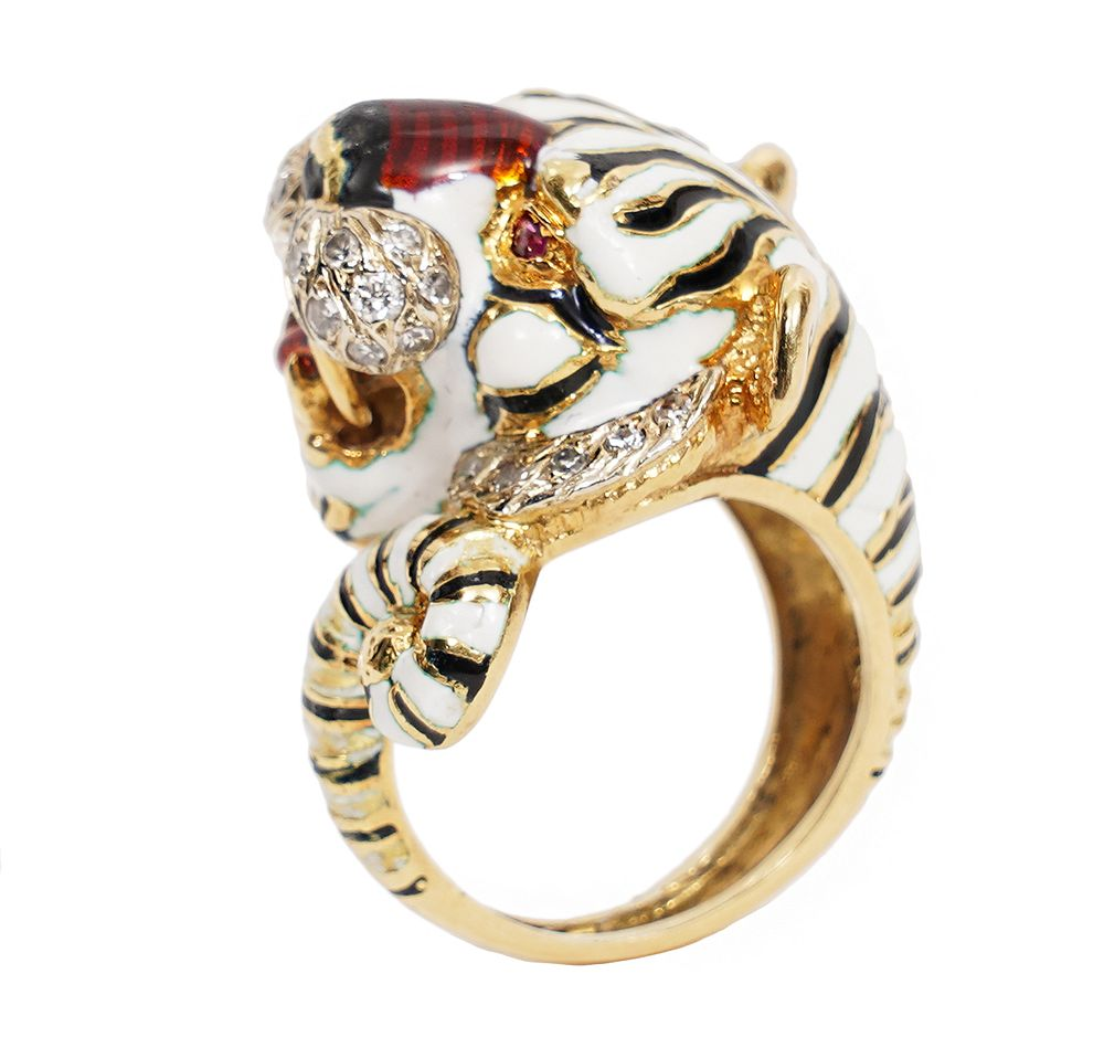 Signed 18K YG Diamond Enamel Tiger Ring 18K yellow gold