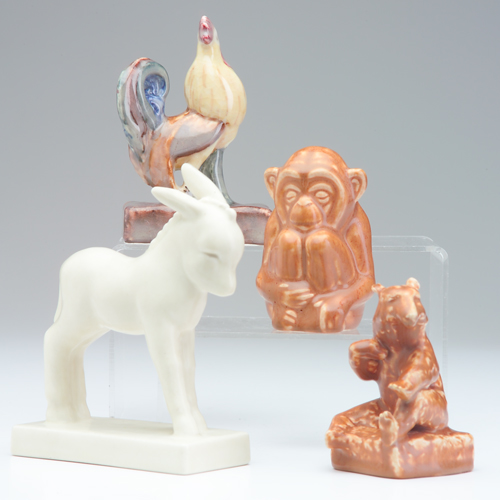 ROOKWOOD Four Production figural paperweights a rooster a bear a