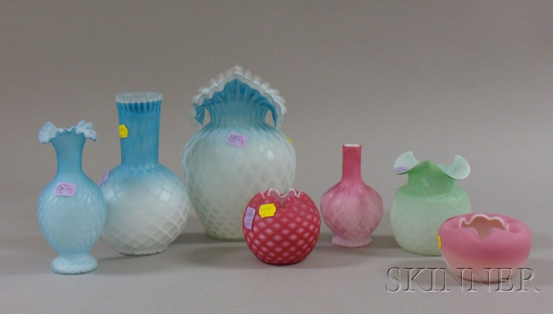 Seven Victorian Quilted Satin Art Glass Vases and Rose Bowls