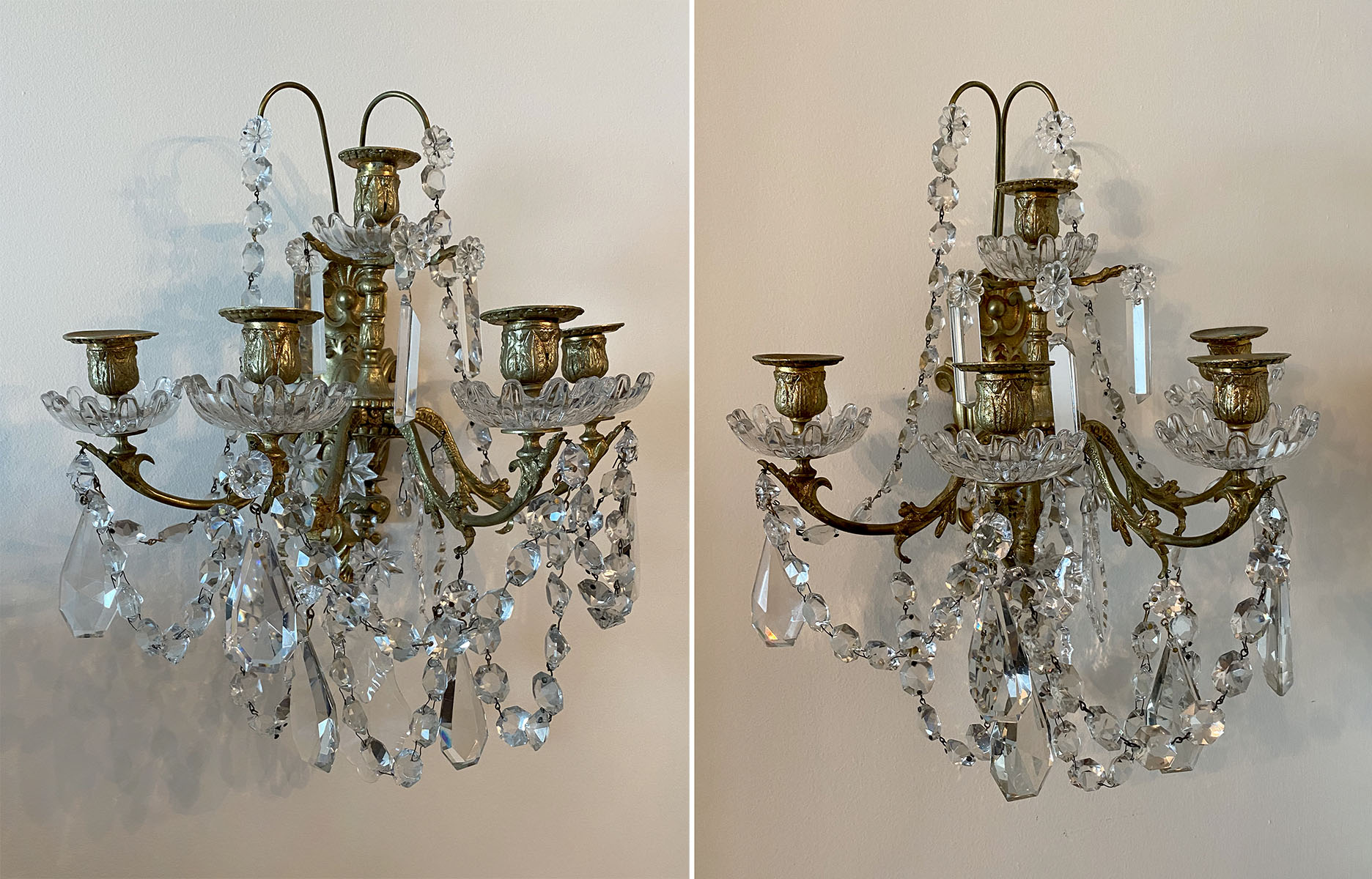 PR BACCARAT BRASS FACETED PRISM WALL SCONCES 5 light brass