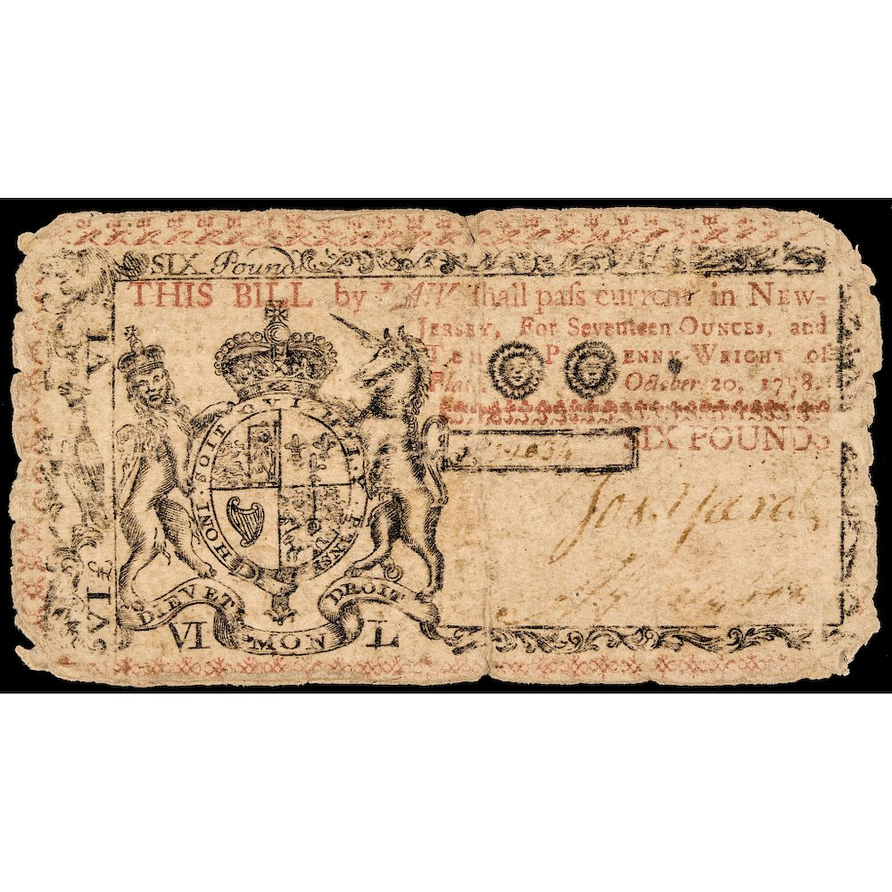Colonial Currency NJ 1758 6 Brown Back Rarity 7 4