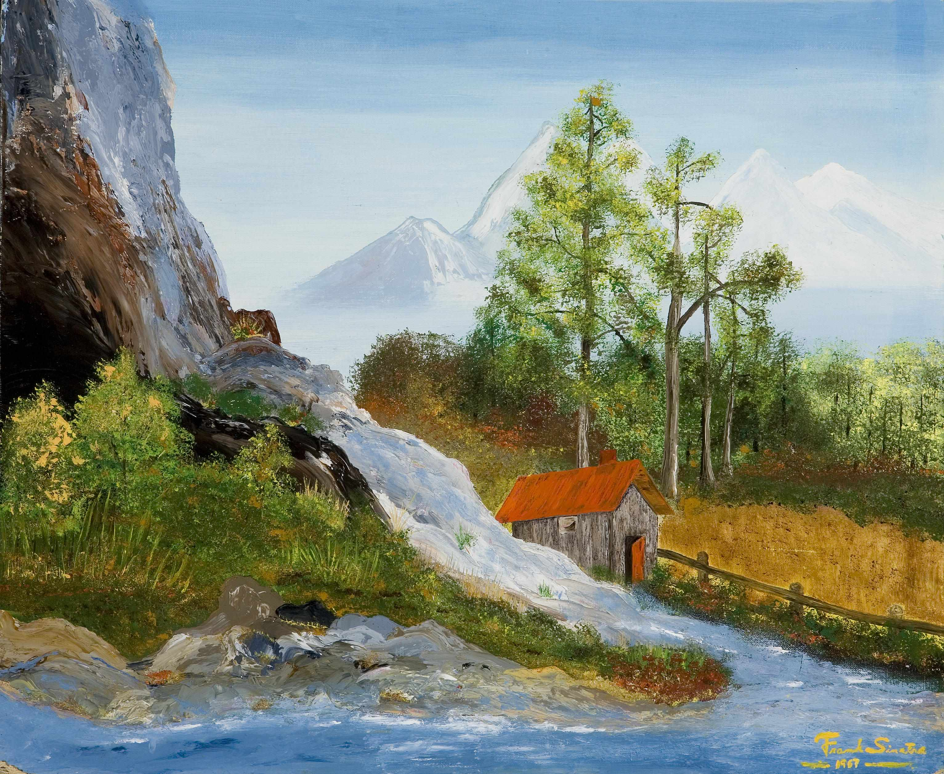 Frank Sinatra landscape painting 1970s 80s A mountainous landscape painting