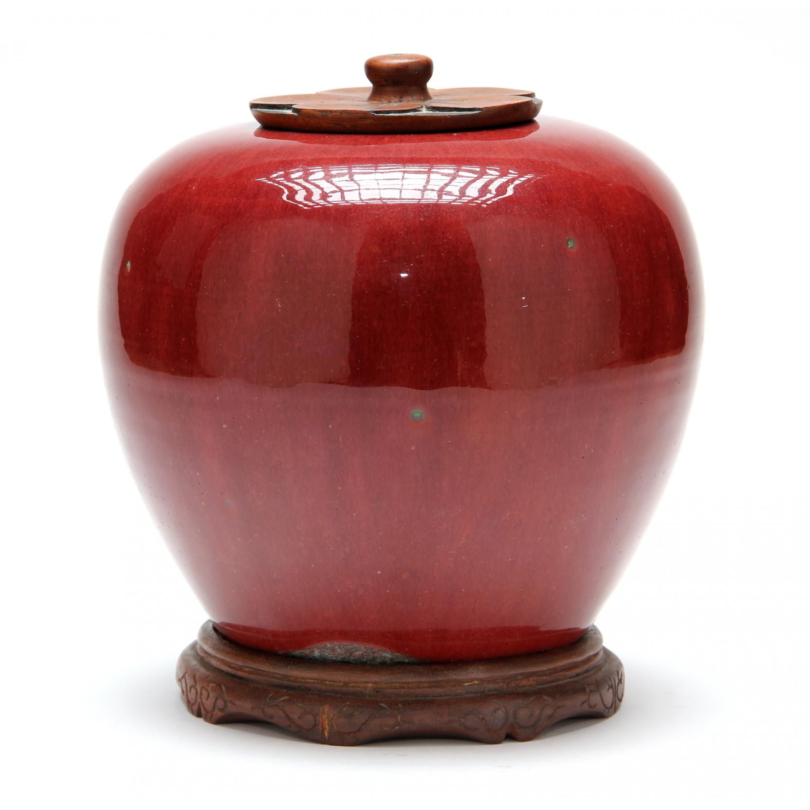 Chinese Oxblood Sang de Boeuf Jar with Carved Wooden Lid