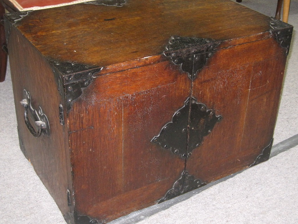 19th century ironbound and inverted oak strong box the double