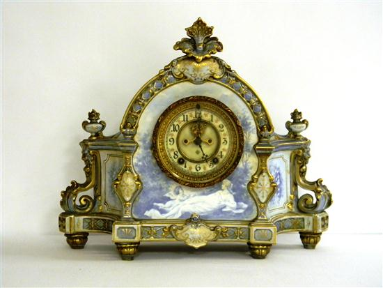 Ansonia Royal Bonn China mantleclock white porcelain case with blue