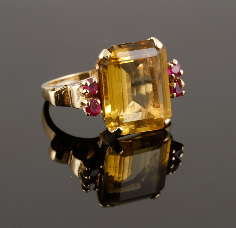 1051 Ladies Gold Ring with Yellow Stone and Four Rubies
