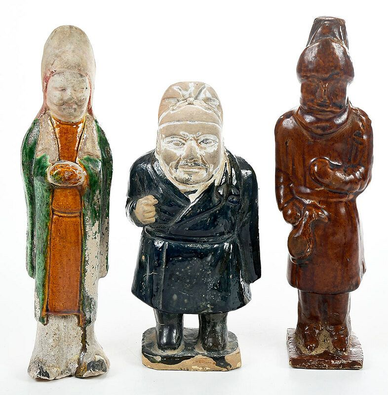 Three Chinese Glazed Pottery Standing Figures Tang dynasty style sancai
