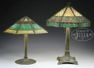 TWO LARGE SLAG GLASS LAMPS 1 Unmarked octagonal shade with