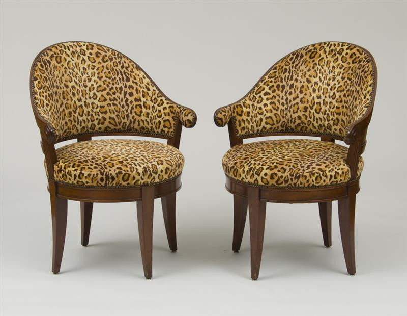 PAIR OF DIRECTOIRE STYLE MAHOGANY FAUTEUILS DE BUREAU Each with