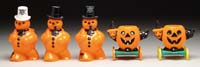 LOT OF FIVE PLASTIC HALLOWEEN ITEMS Consists of three snowmen