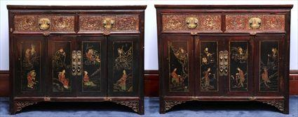 PAIR OF CHINESE RED LACQUER CABINETS Each with rectangular top