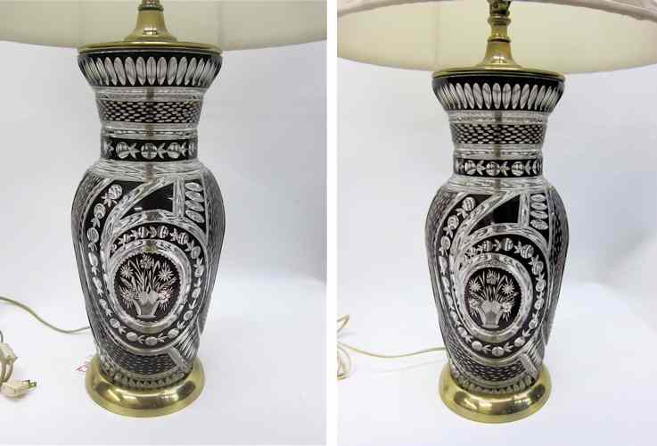 PAIR BOHEMIAN FLASHED ENGRAVED GLASS TABLE LAMPS dark wine red