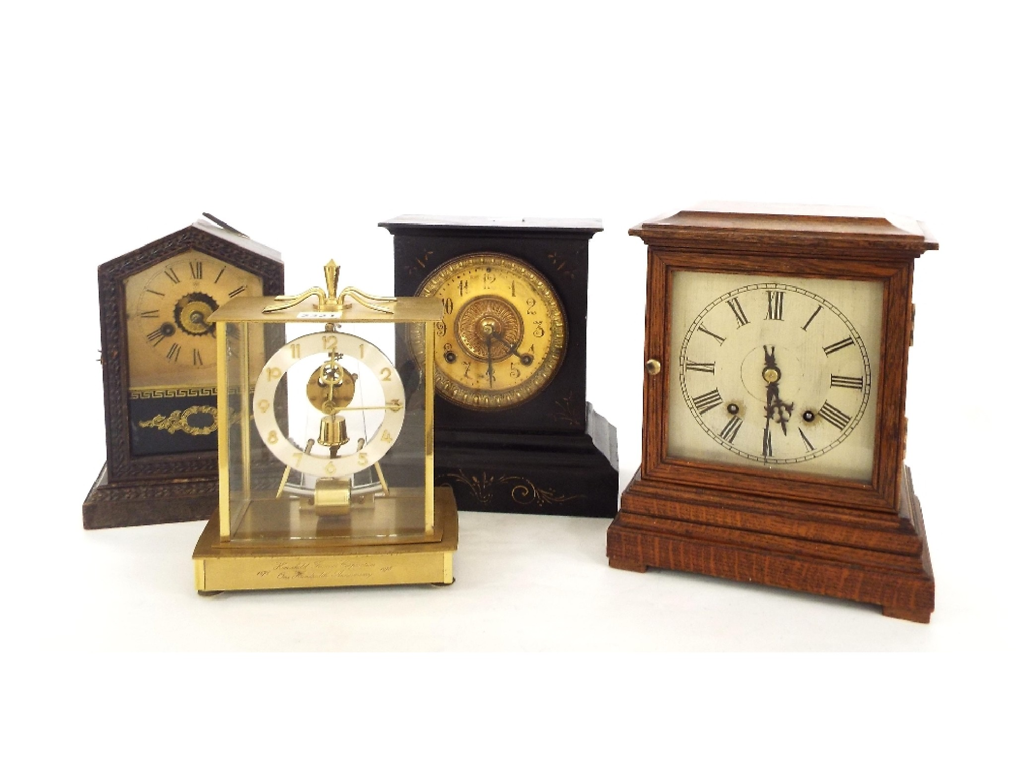 Kieninger Oberfell Bulle type brass cased mantel clock also three