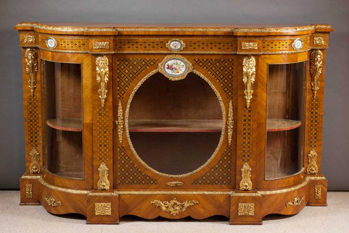LOUIS XVI STYLE ORMOLU AND PORCELAIN MOUNTED PARQUETRY CONSOLE CABINET
