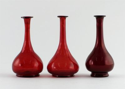 Three ruby flashed glass bottle vases with flared necks 19th