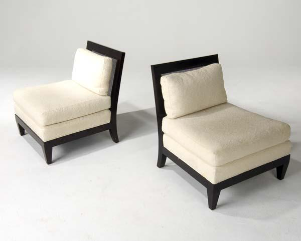 BAKER Pair of caned back slipper chairs with white boucle