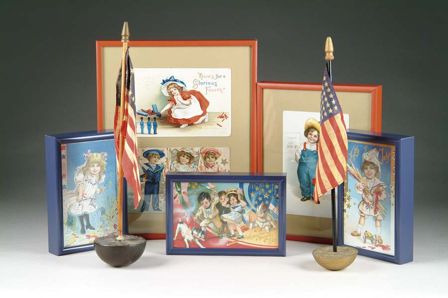 6 PATRIOTIC FIRECRACKER POSTCARDS SPHERICAL FLAG HOLDERS Charming postcards depicting