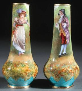 LIMOGES ENAMELED VASES CIRCA 1900 A PAIR OF LIMOGES ENAMELED