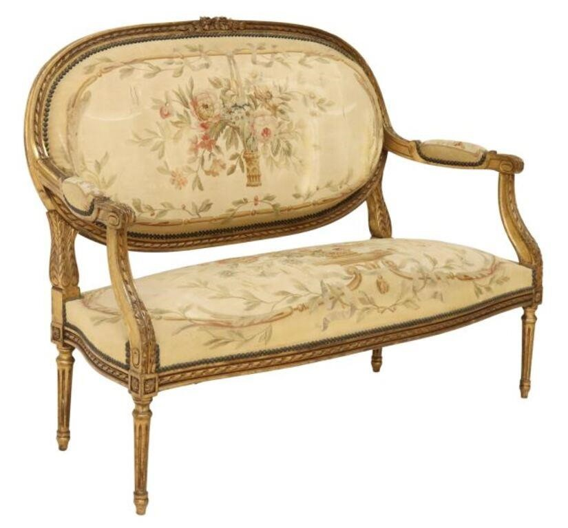 French Louis XVI style giltwood salon settee late 19th c