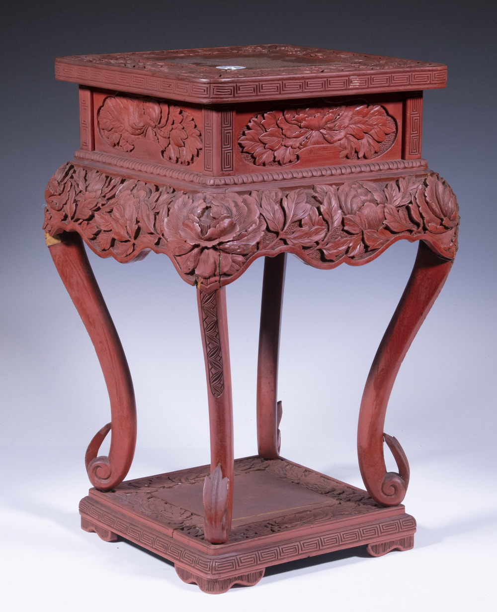 CARVED CINNABAR TABLETOP PEDESTAL Early 20th c Red Cinnabar Stand