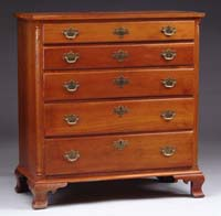 FIVE DRAWER CHERRY ANTIQUE CHEST Five graduated drawers having replaced