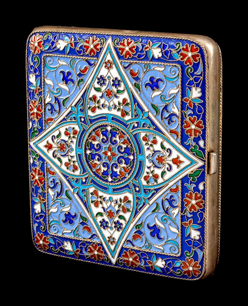 A Russian Enameled Silver Gilt Cigarette Case A Russian Enameled