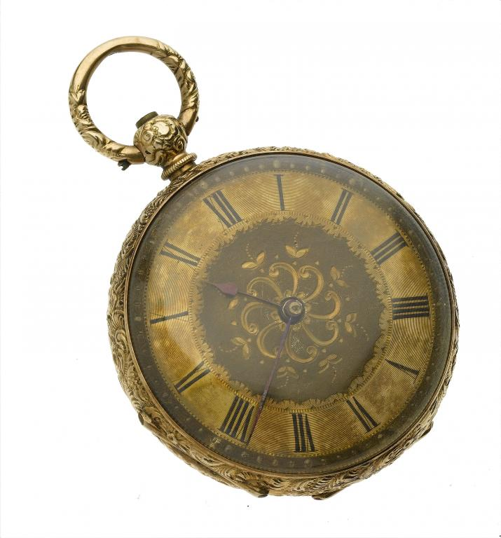 A SWISS GOLD LEVER WATCH with engraved dial roman chapters