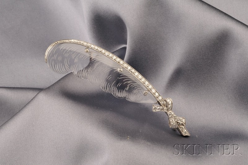 Platinum Rock Crystal and Diamond Leaf Brooch designed as an