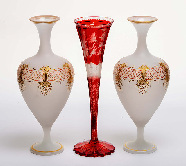 A PAIR OF CONTINENTAL FROSTED GLASS VASES with flaring rims