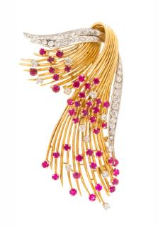 A Retro 18 Karat Yellow Gold Platinum Diamond and Ruby