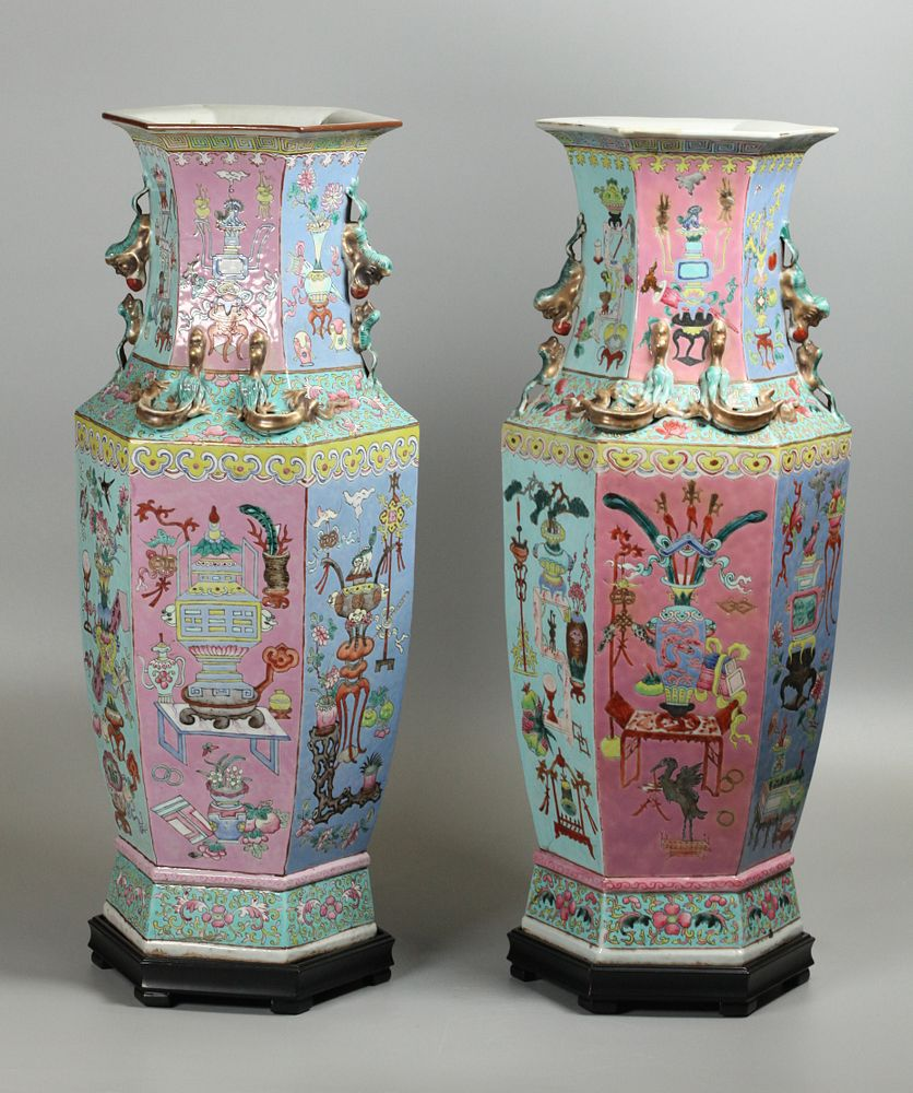 pair of Chinese porcelain hexagonal vases possibly 19th c each