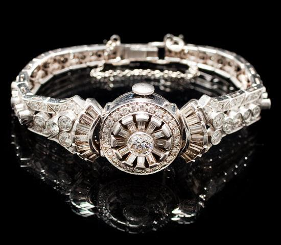 Lady s Art Deco 14K white gold and diamond wristwatch