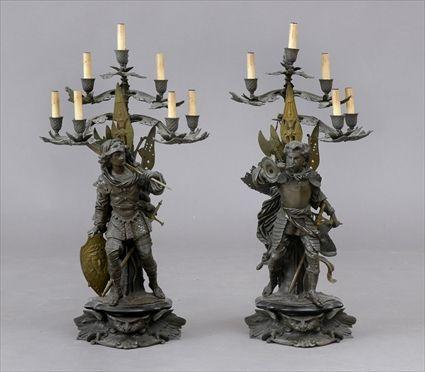 PAIR OF FRENCH BRONZE FIGURAL SEVEN LIGHT CANDELABRA Signed Erard