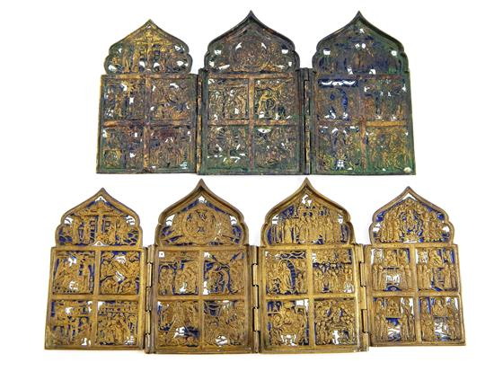 Two late 19th C Russian portable folding bronze icons with