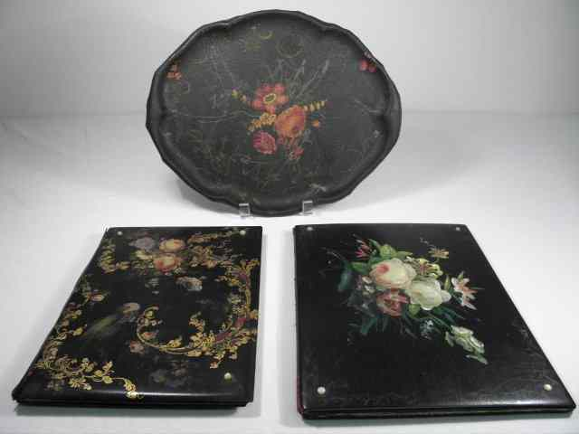 Lot including two Victorian hand painted black lacquer folios and