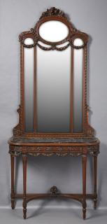 Continental Carved Mahogany Louis XVI Style Marble Top Console and