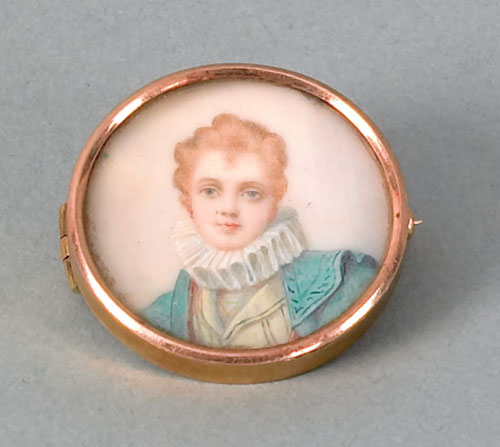 Continental watercolor on ivory portrait brooch 19th c 1 dia
