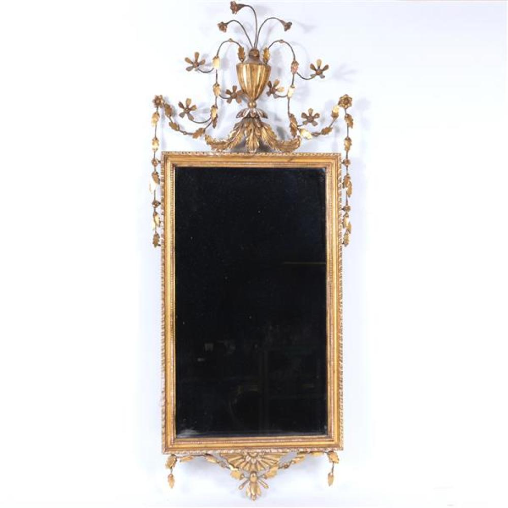 FRENCH EMPIRE STYLE RECTANGULAR GOLD GILT MIRROR WITH VINING LEAF
